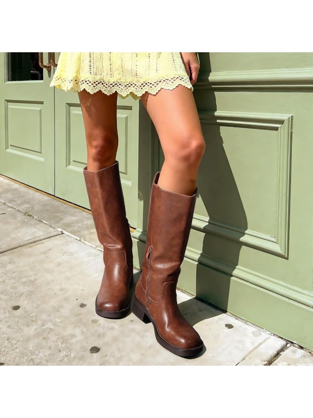 Women's Brown Faux Leather Square Toe Chunky Block Heel Knee High Riding Boots - Picture 3 of 6